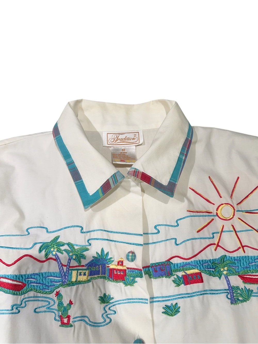 Vintage White Embroidered Coastal Scene Short-Sleeve Button-Down Shirt Size 10 - Picture 3 of 11